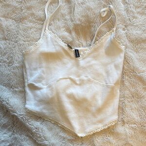 ASOS Cream Ribbed Lace-Trim Tank Top
